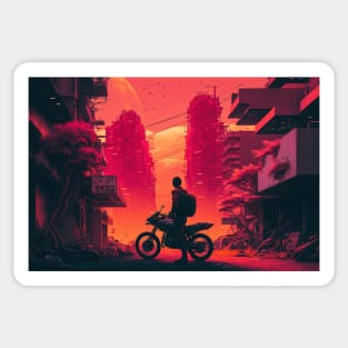 80s Synthwave Man On A Motorbike In Asian City Sticker